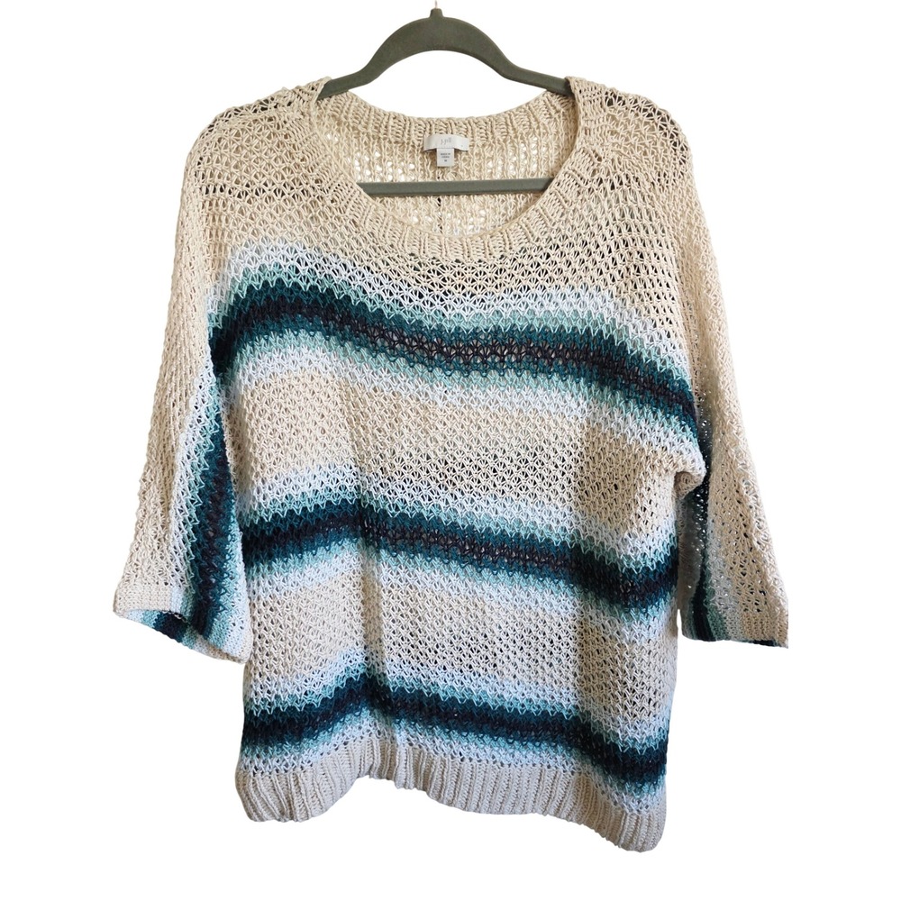 J. Jill M Linen Cotton Striped Open Knit Sweater Beige Teal Blue Green Size M